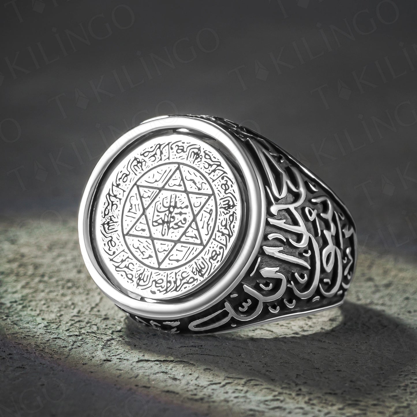 925 Sterling Silver The Word Tawheed Written Double Sided Seal Of Solomon Ring AMULET RING STORE