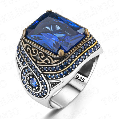 Elegant Stamped Solid 925 Sterling Silver Navy Blue Zirconia Stone Men's Ring Statement Handmade Jewelry Turkish Gift For Men