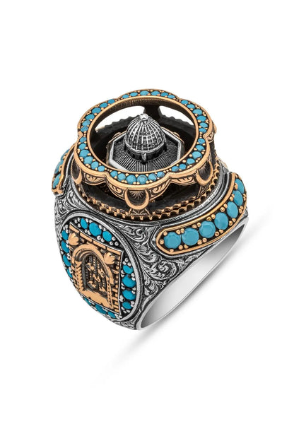 Solid 925 Sterling Silver Al-aqsa Mosque Motif Islamic Men's Ring With Turquoise Stone Muslim Religious Ring Gift For Dad