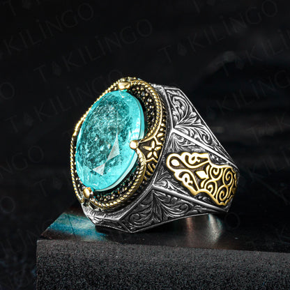 Elegant Solid 925 Sterling Silver Oval Ottoman Design Paraiba With Zircon Men's Ring Turkish Hanmade Silver Jewelry Gift For Men