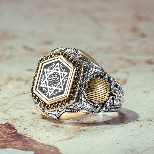 Stamped Solid 925 Sterling Silver Seal Of Solomon Men's Ring With Zircon Stone Ring