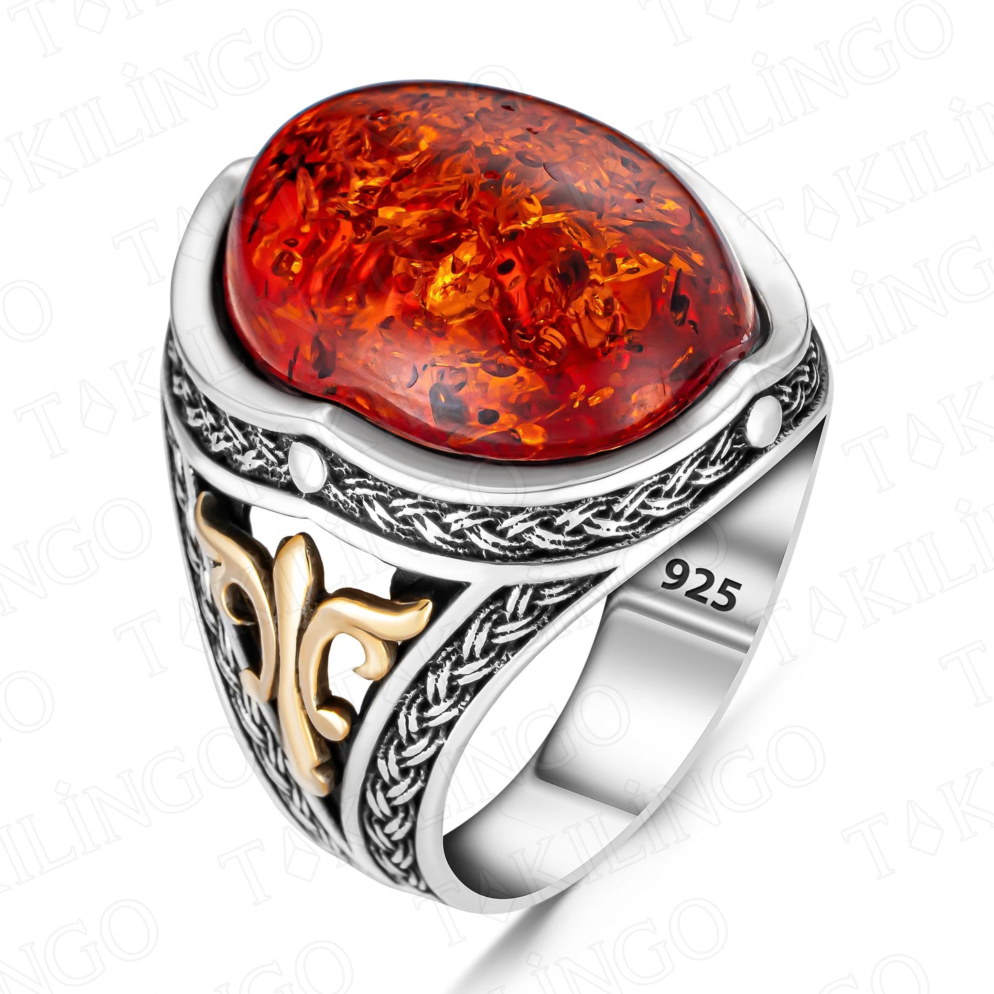 Solid 925 Sterling Silver Oval Baltic Amber Stone Men's Ring