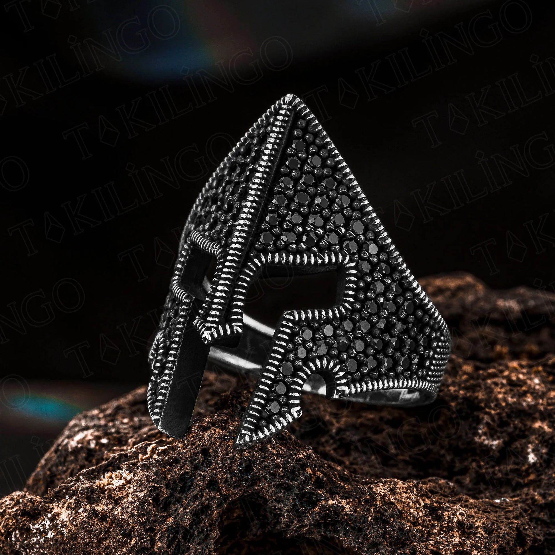 Solid 925 Sterling Silver Warrior Helmet Design With Black Zirconia Men's Ring High Quality Punk Cool Chic Handmade Jewelry Gift AMULET RING STORE