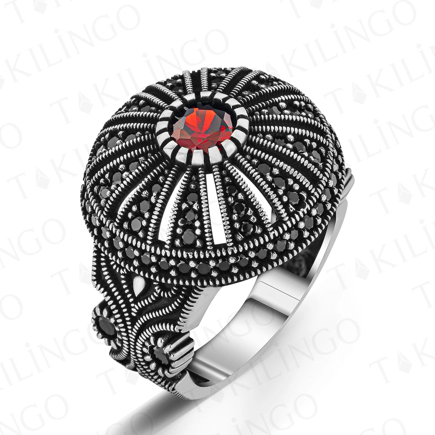 Solid 925 Sterling Silver Crown Of King Design Red Zirconia Men's Ring With Black Zircon High Quality Handmade Jewelry Gift