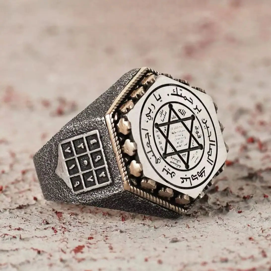 Men's Hexagonal Silver Ring with Seal of Solomon Embroidery