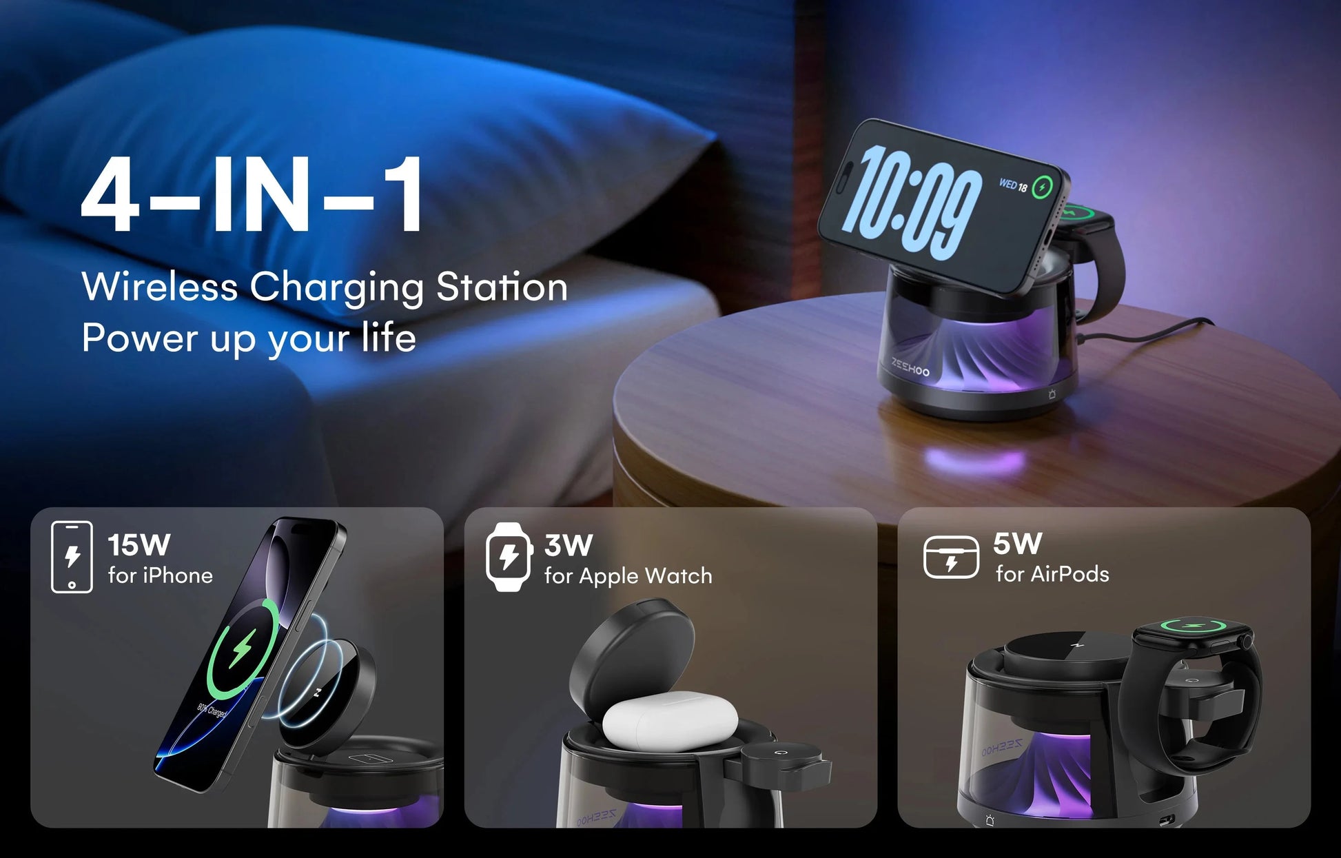 4-in-1 Magnetic Charging Station with RGB Night Light 15W Fast Wireless Charger Compatible with iPhone 12-16 Series Smart Watch