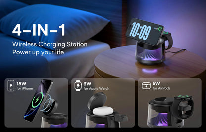 4-in-1 Magnetic Charging Station with RGB Night Light 15W Fast Wireless Charger Compatible with iPhone 12-16 Series Smart Watch