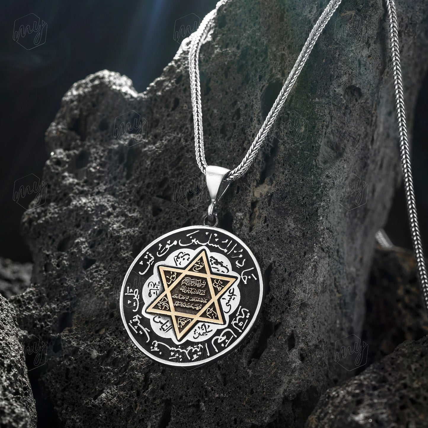 Solid 925 Sterling Silver Seal of Solomon Men's Necklace with Foxtail Chain