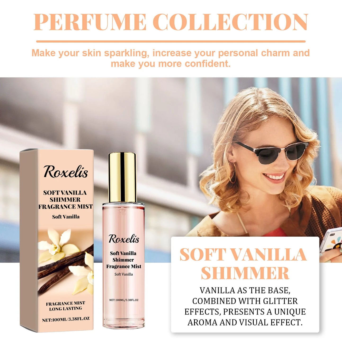 Roxelis 100ml Soft Vanilla Glitter Perfume Spray Floral Seduction Fragrance Mist Freshing Lasting Glamour Daily Dating Perfume