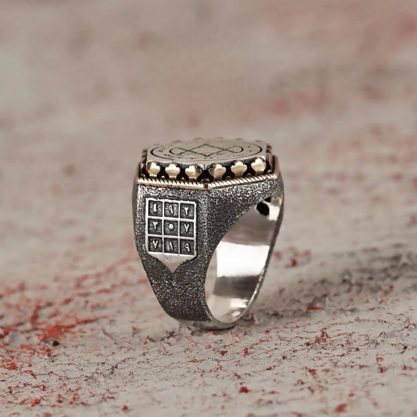 Men's Hexagonal Silver Ring with Seal of Solomon Embroidery