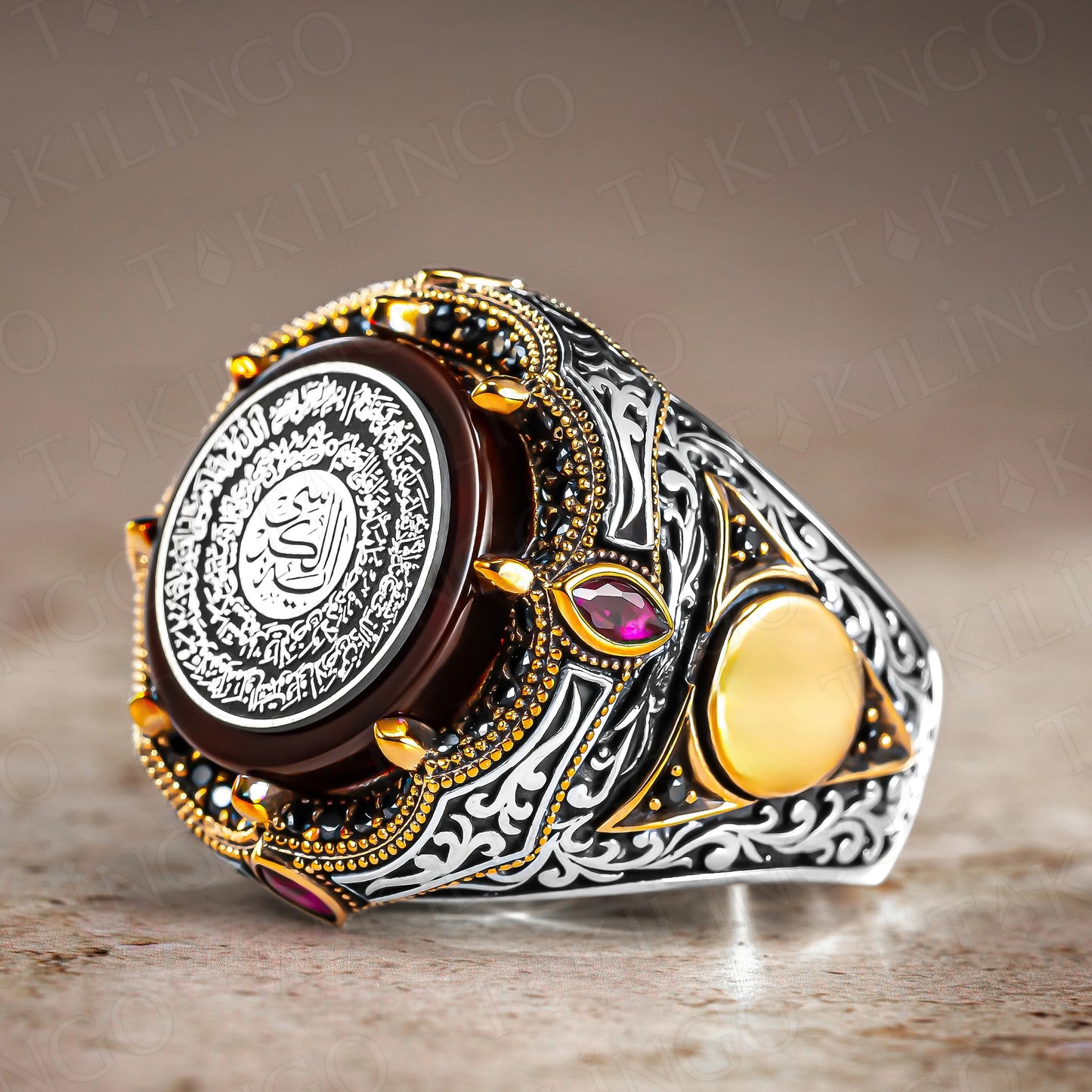 Ayat al-Kursi Ring Men, Silver Arabic Ring, 925 Sterling Silver Amber Stone On Islamic Religious Shahada Arabic Men's Ring AMULET RING STORE