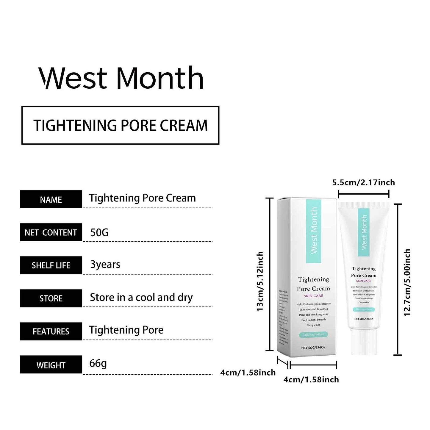 West&Month 50g Tightening Pore Cream Oil Control Moisturizing Brighten Skin Care Smooth Facial Refreshing Shrink Pore Face Cream