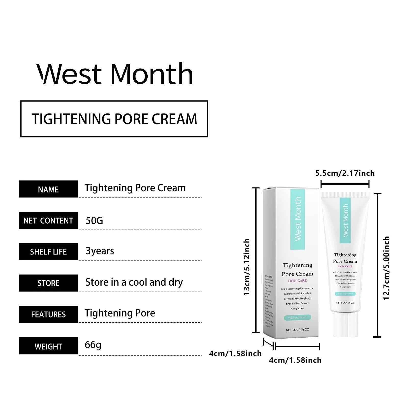 West&Month 50g Tightening Pore Cream Oil Control Moisturizing Brighten Skin Care Smooth Facial Refreshing Shrink Pore Face Cream