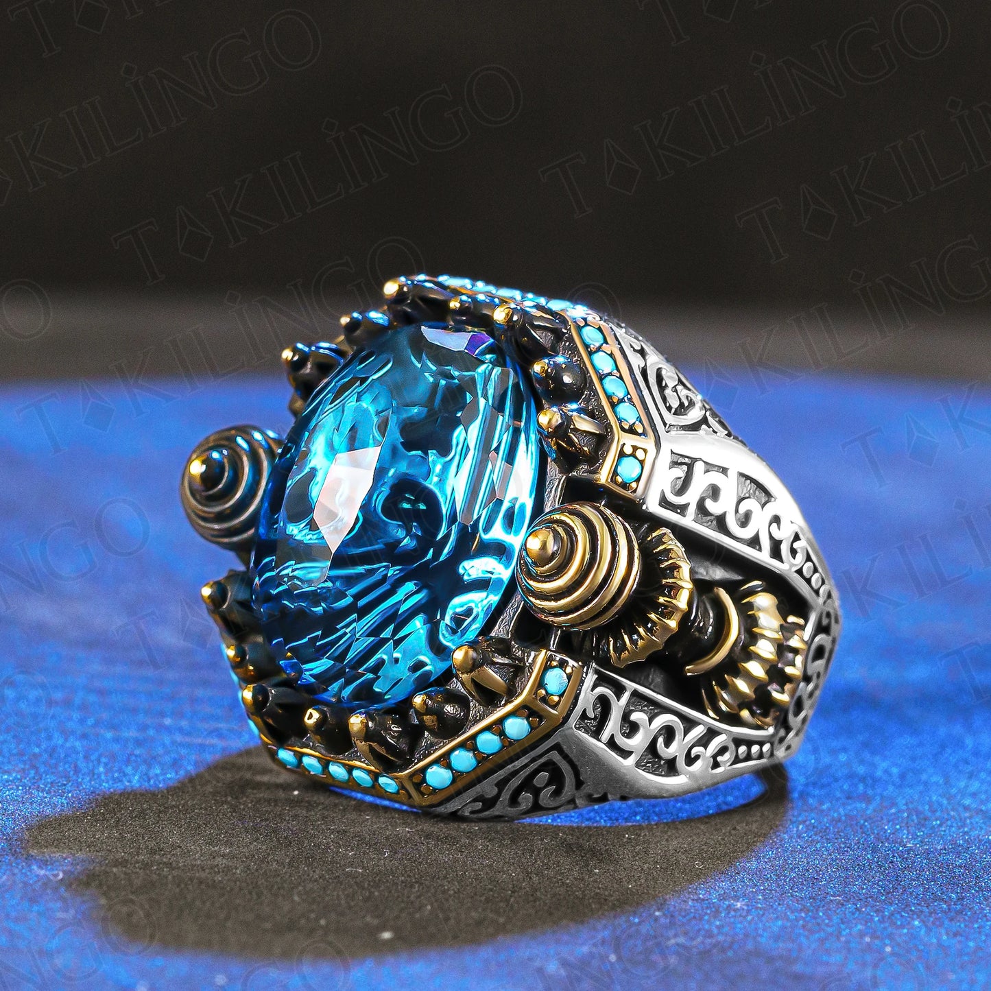 925 Sterling Silver Unique Turquoise Signet Rings for Men, Ottoman Turkish Handmade Men's Ring