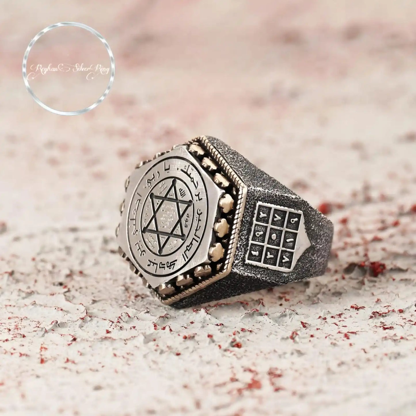 Men's Hexagonal Silver Ring with Seal of Solomon Embroidery