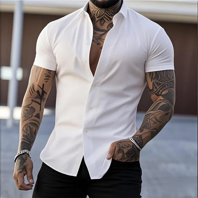 Men's Lapel Solid Color Short Sleeve Shirt Elastic Thin Casual Cardigan Non-iron Holiday Business Shirt