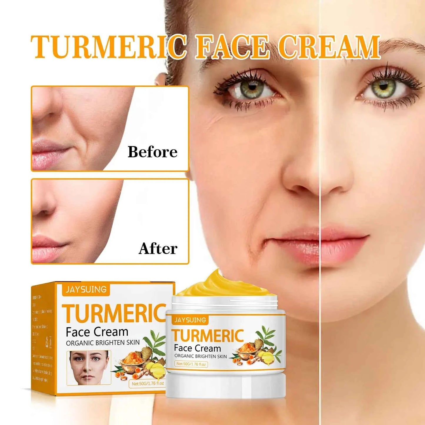 Jaysuing 50g Turmeric Firm Face Cream Fade Fine Lines Hydrating Oil Control Repair Dry Rough Skin Brightening Skin Care Cream