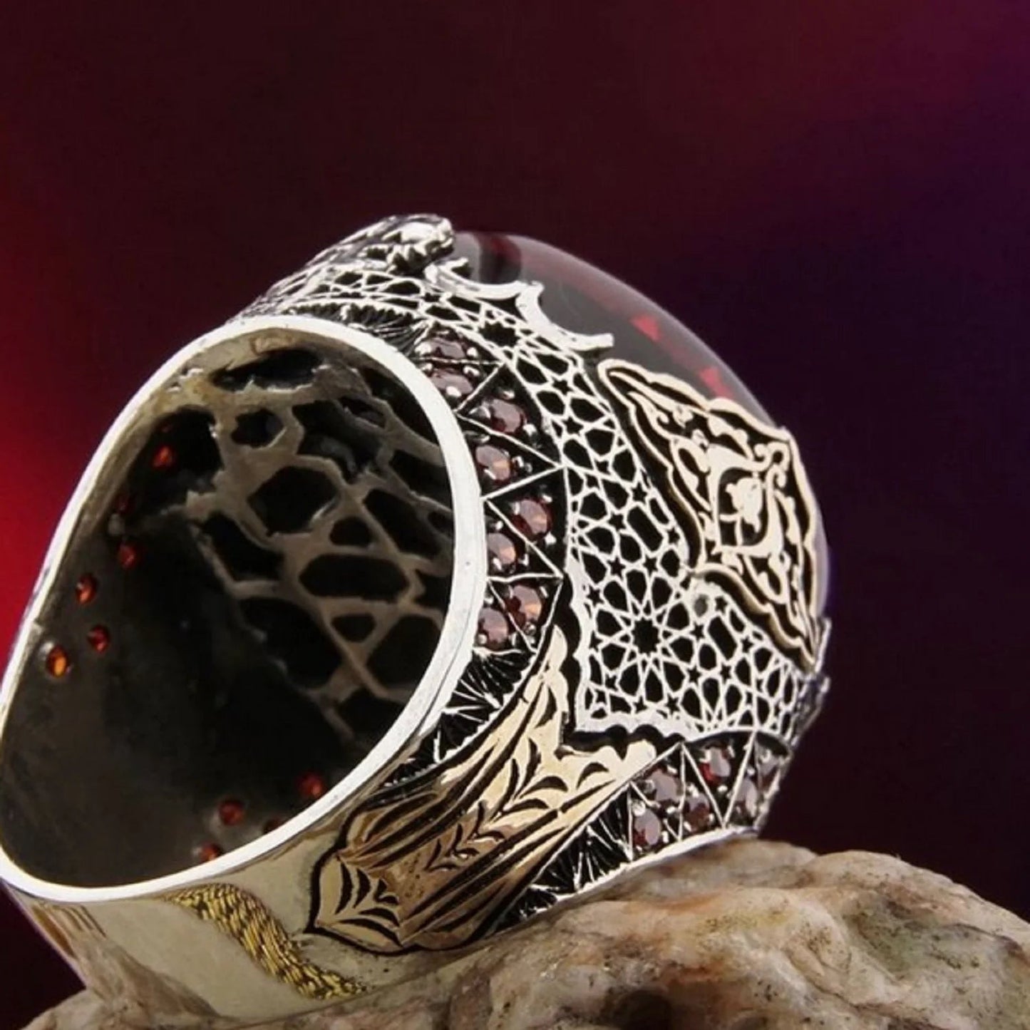 Ottoman Fire Amber Red Men Silver Ring Solomon Seal Turkish Handmade 925 Sterling Silver Ring AMULET RING STORE