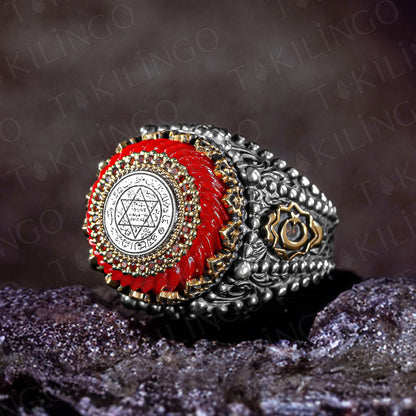 Solid 925 Sterling Silver Red Amber Seal of Solomon Ring