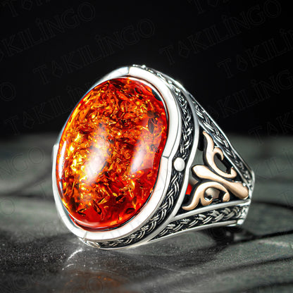 Solid 925 Sterling Silver Oval Baltic Amber Stone Men's Ring