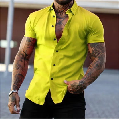 Men's Lapel Solid Color Short Sleeve Shirt Elastic Thin Casual Cardigan Non-iron Holiday Business Shirt