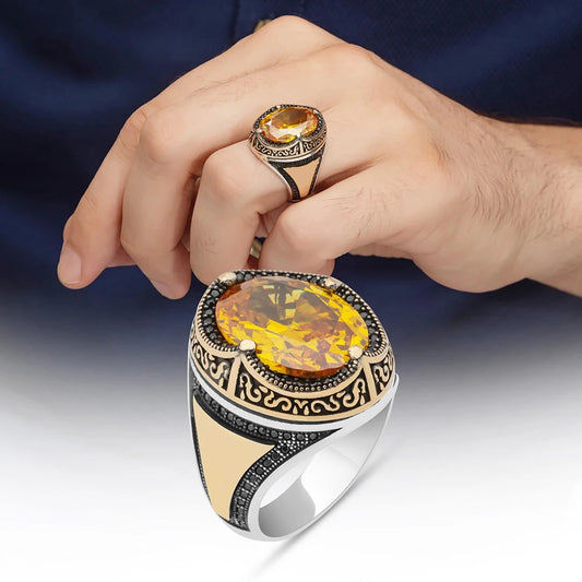 925 Sterling Silver Ring for Men Real Citrine Stone Jewelry Fashion Vintage Gift Onyx Aqeq Mens Rings All Size AMULET RING STORE