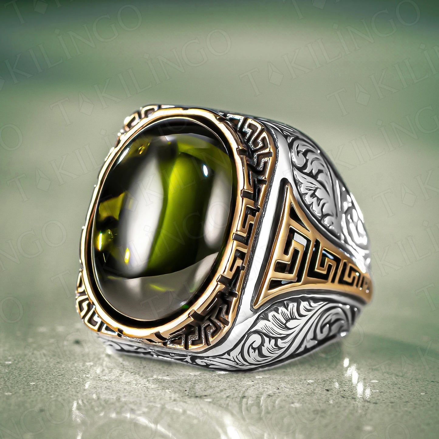 925 Sterling Silver Green Peridot Olivine Stone Men's Ring, Hand Engraved Silver Gemstone Birthstone Ring