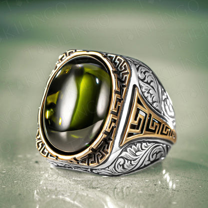 925 Sterling Silver Green Peridot Olivine Stone Men's Ring, Hand Engraved Silver Gemstone Birthstone Ring