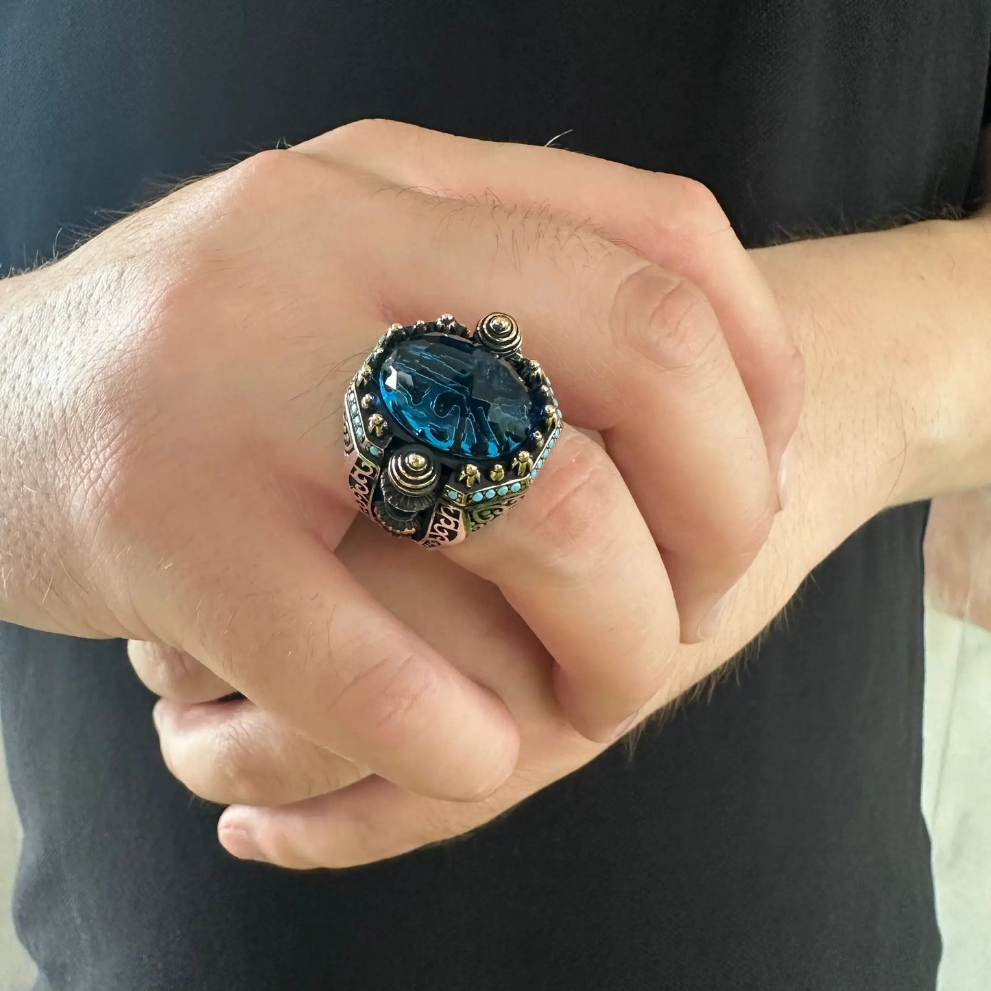 925 Sterling Silver Unique Turquoise Signet Rings for Men, Ottoman Turkish Handmade Men's Ring