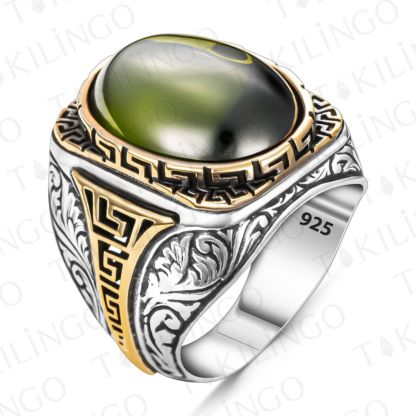 925 Sterling Silver Green Peridot Olivine Stone Men's Ring, Hand Engraved Silver Gemstone Birthstone Ring