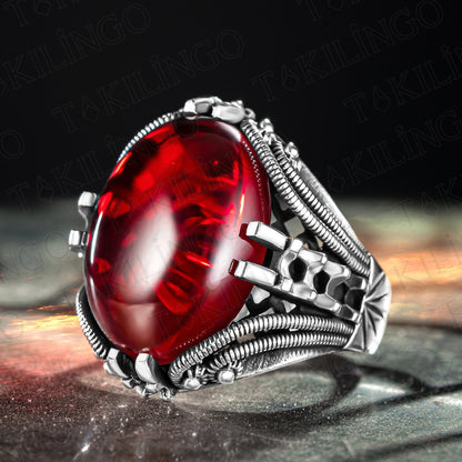 Solid 925 Sterling Silver Carving Red Ruby Color Luxury Turkish Handmade Men's Ring