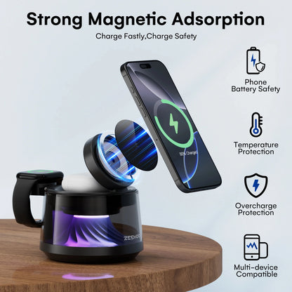 4-in-1 Magnetic Charging Station with RGB Night Light 15W Fast Wireless Charger Compatible with iPhone 12-16 Series Smart Watch