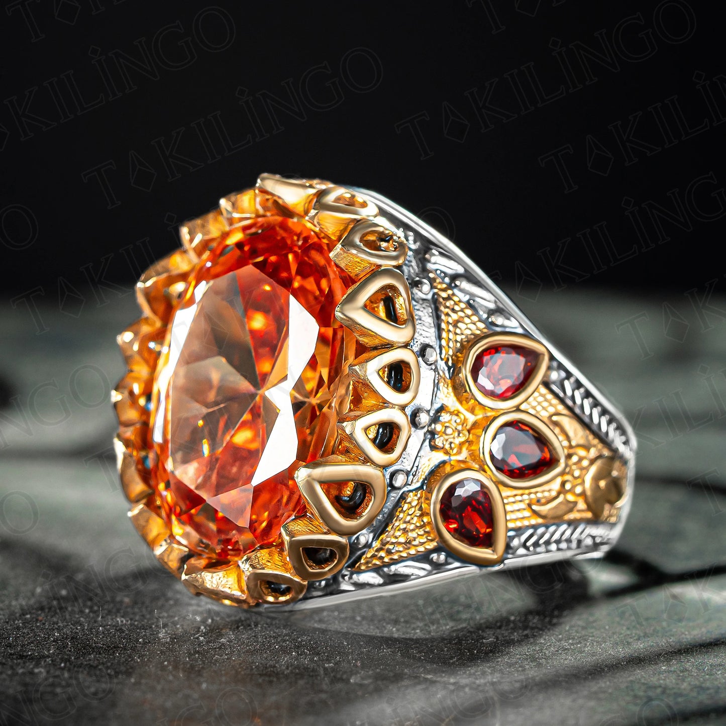 925 Sterling Silver Orange Citrine Stone Turkish Handmade Men's Ring Handmade Engraved Men's Silver Ring