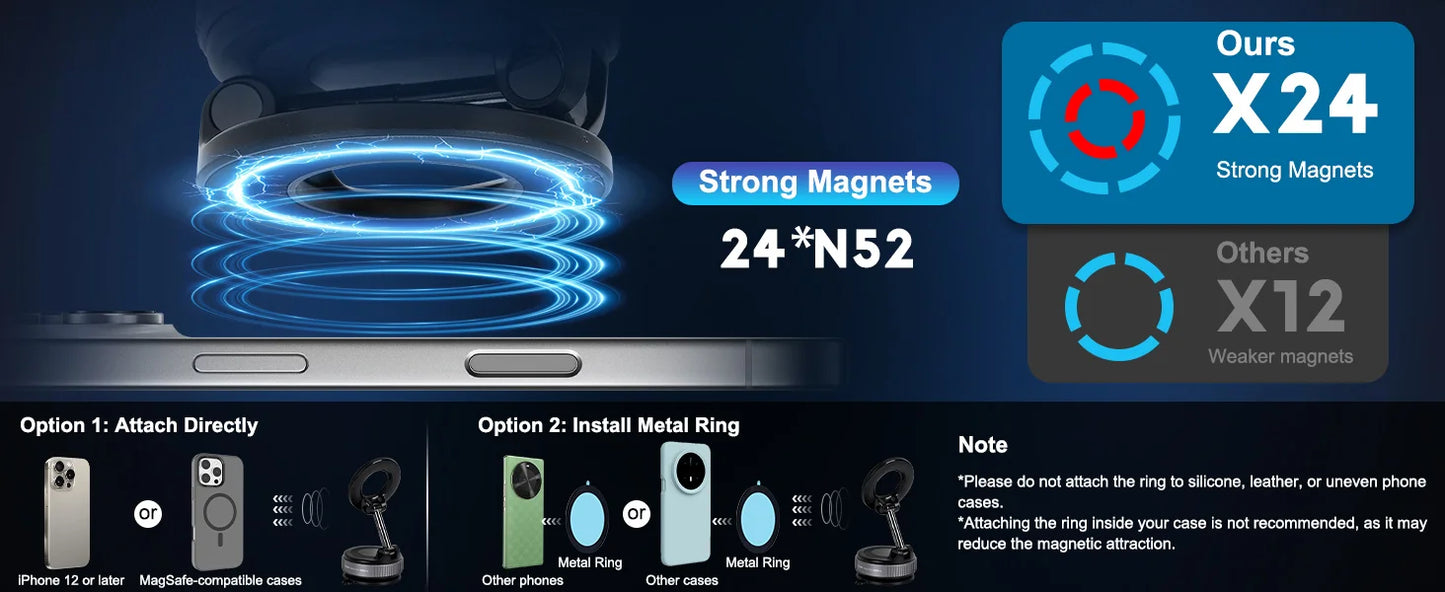 Car Mount Vacuum Magnetic Holder Foldable Strong Suction Stand For Cell Phone For iPhone 16 15 12 13 14 11 ProMax Live Streaming