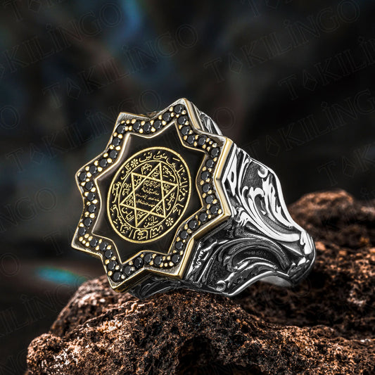 Elegant Solid 925 Sterling Silver Octagonal Prophet Seal Of Solomon With Zircon Men's Ring