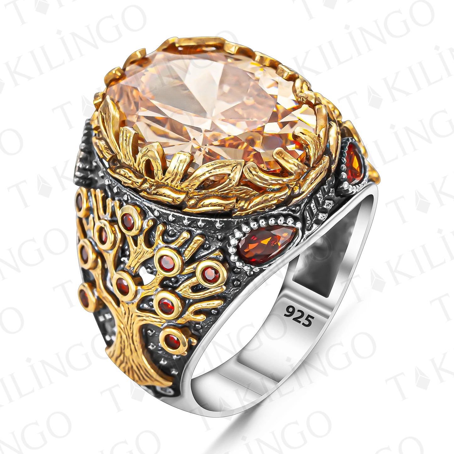 925 Sterling Silver Orange Citrine Stone Turkish Handmade Men's Ring Tree Life Motif Ring