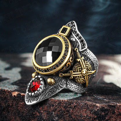 Double Sword Black Zirconia Men's Ring, Thumb Adjustable Ring