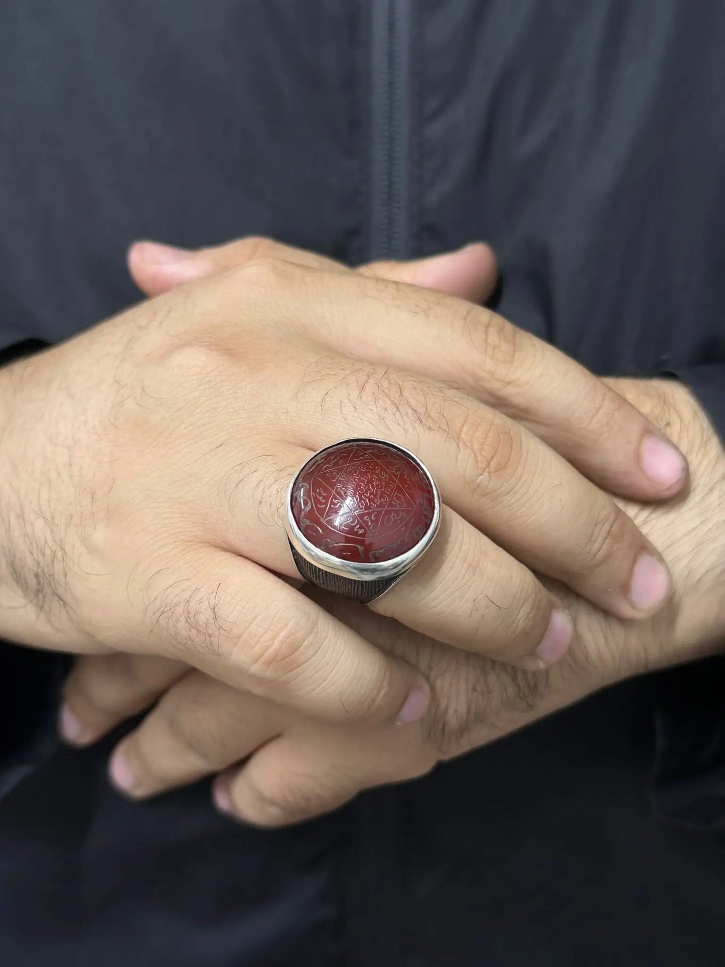 Red Agate Stone On Triangle Star of David Protection Amulet Ring