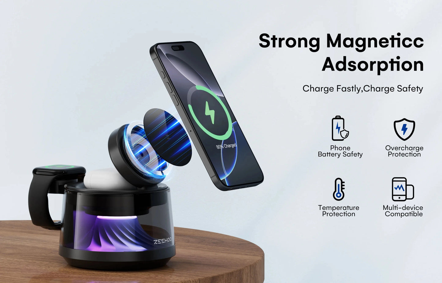 4-in-1 Magnetic Charging Station with RGB Night Light 15W Fast Wireless Charger Compatible with iPhone 12-16 Series Smart Watch