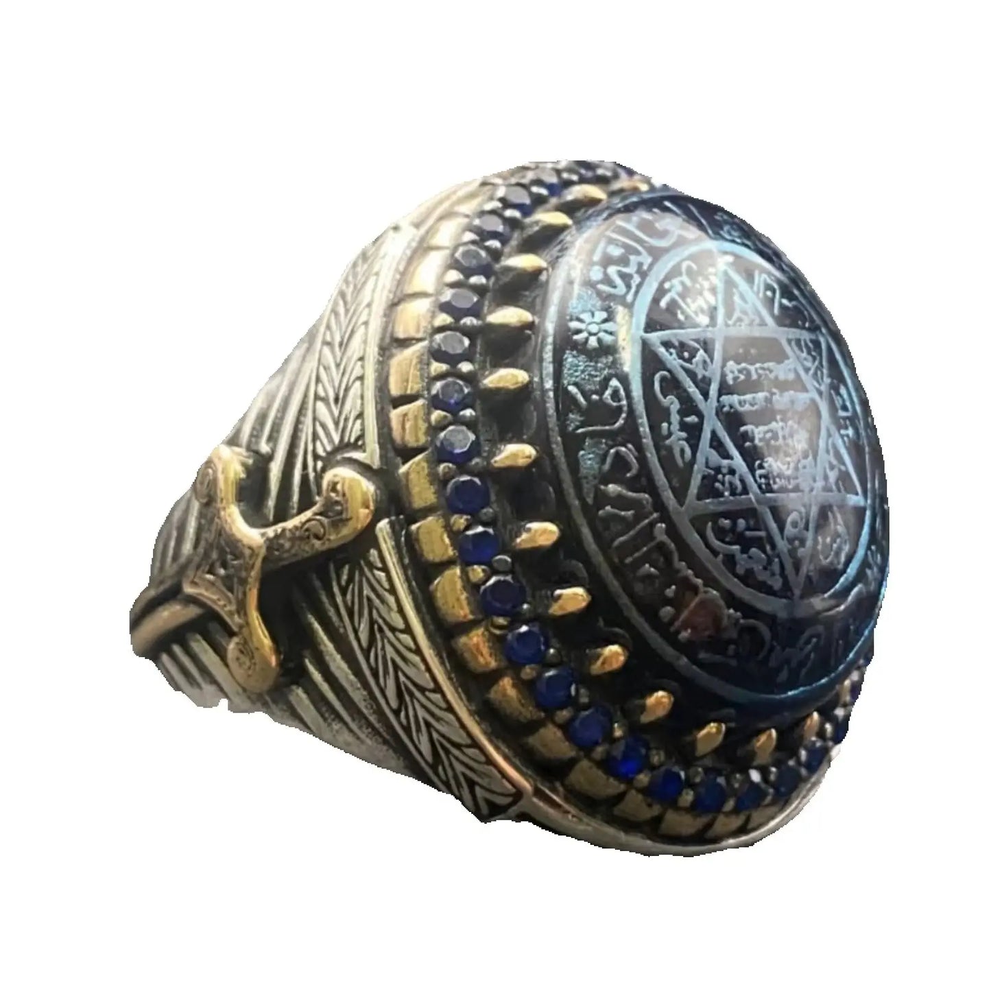 Handcrafted Men's Sword Design Ring with Seal of Solomon on Blue Agate