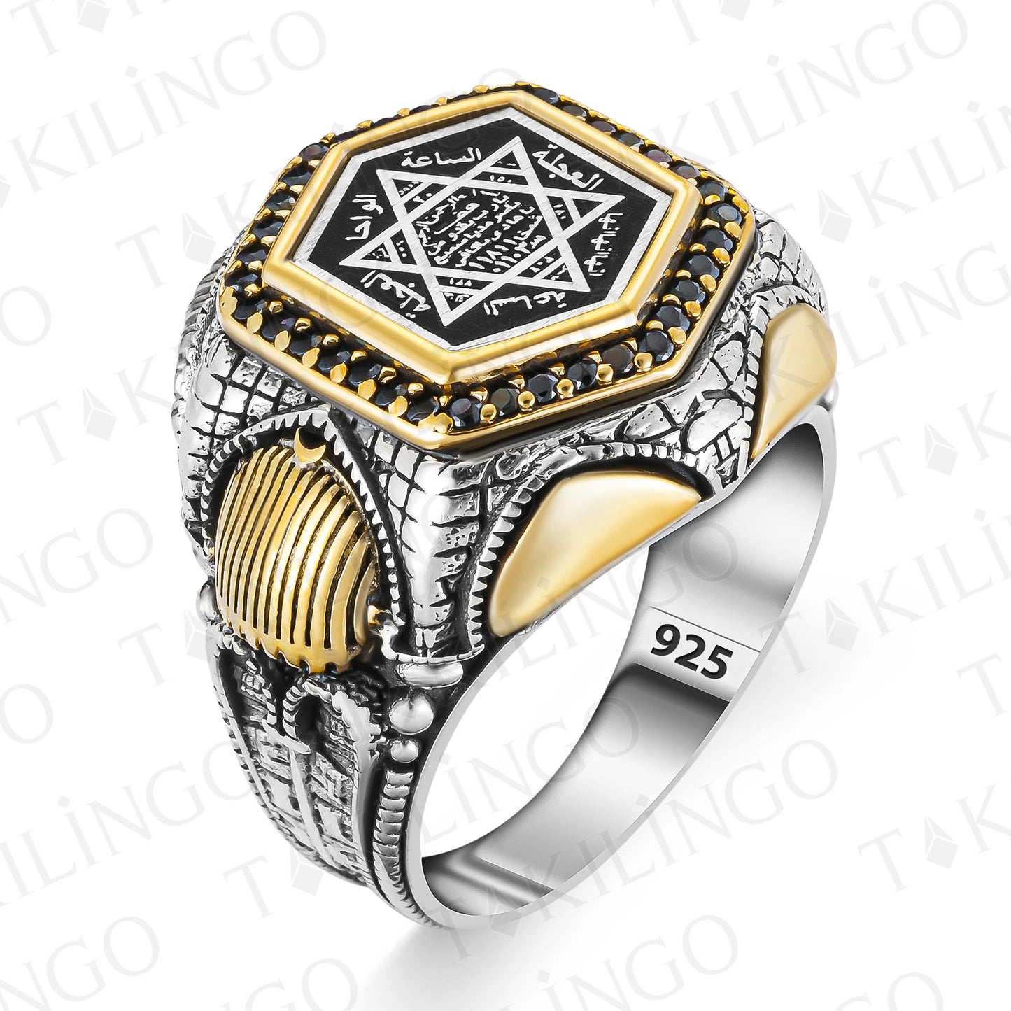 Stamped Solid 925 Sterling Silver Seal Of Solomon Men's Ring With Zircon Stone Ring