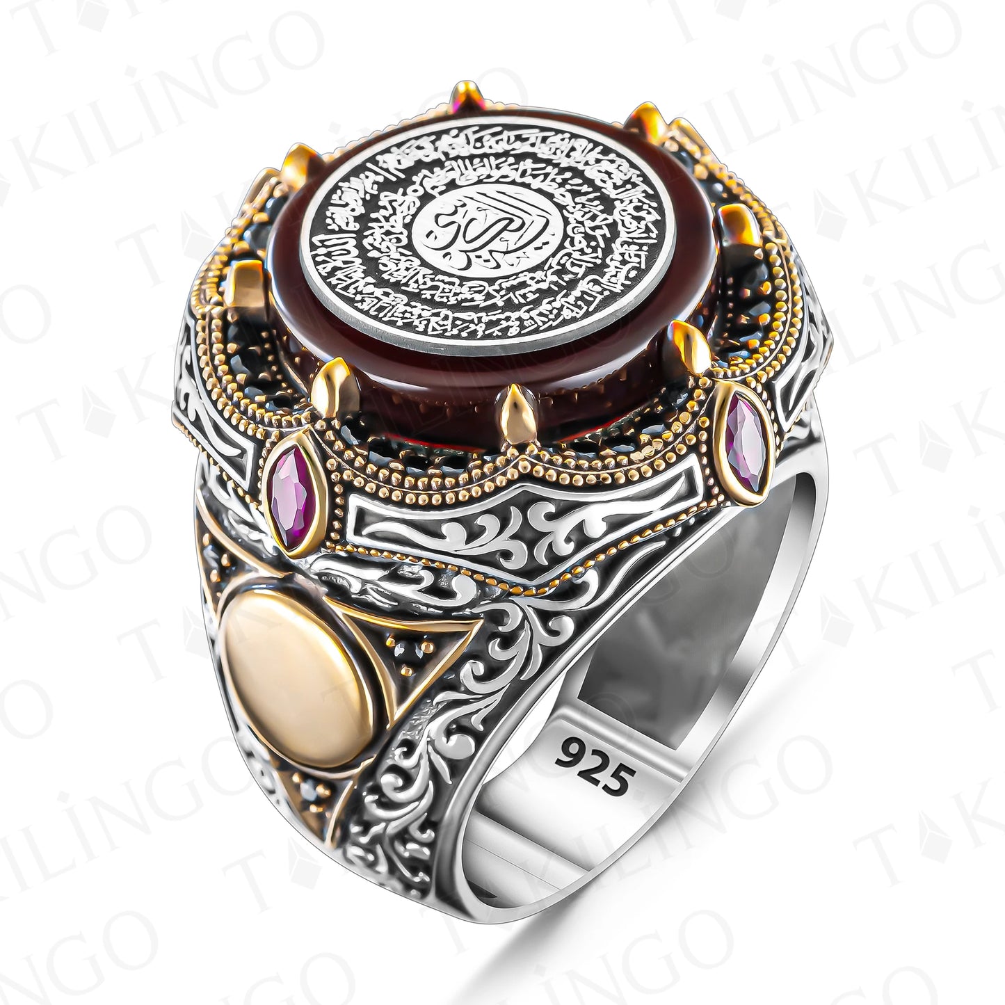 Ayat al-Kursi Ring Men, Silver Arabic Ring, 925 Sterling Silver Amber Stone On Islamic Religious Shahada Arabic Men's Ring AMULET RING STORE