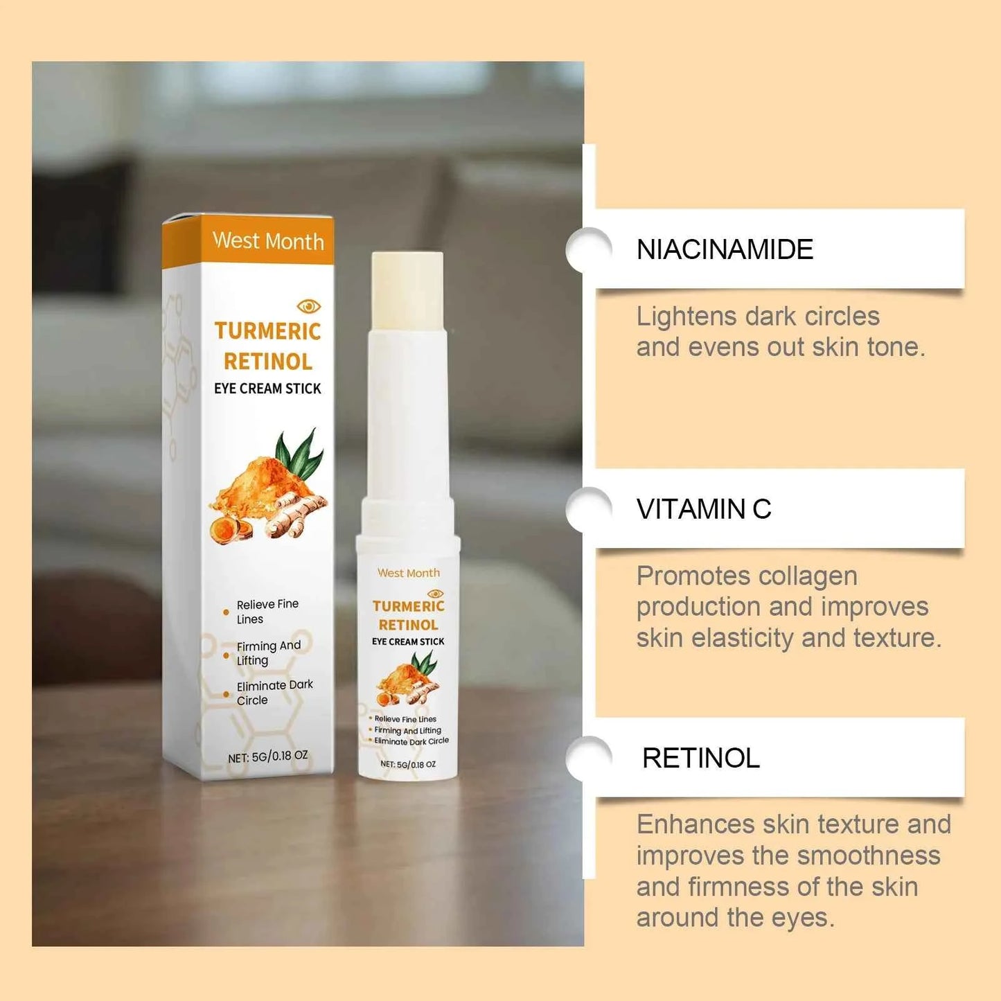 West Month 5g Turmeric Retinol Remove Dark Circles Eye Cream Stick  Anti Eye Bags Puffiness Brightener Moisturizing Eye Cream