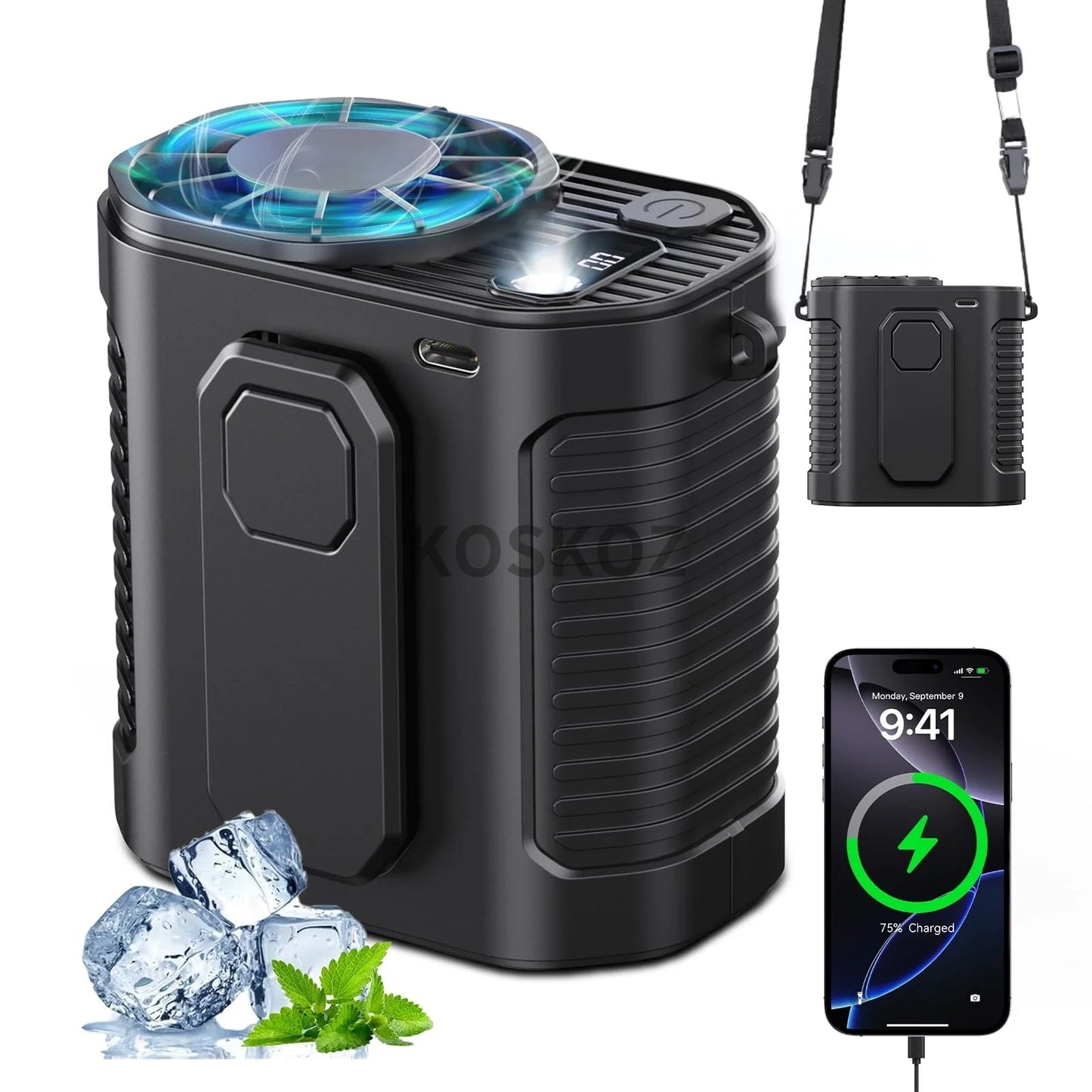 Portable Waist Fan, 10 Speed Fan with LED Light, Hands-Free Wearable Dual Clips Fans & Power Bank, for Camping, Outdoor, Jobsite