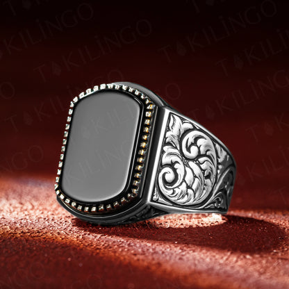 Stamped Solid 925 Sterling Silver Plain Model Black Onyx Stone Men's Ring Turkish Handmade Biker Ring Silver Jewelry Gift Him