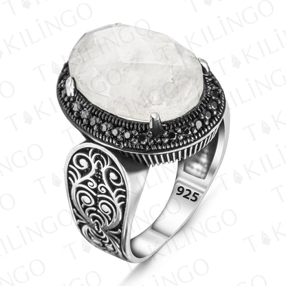 925 Sterling Silver Rainbow Faceted Moonstone Turkish Men's Ring With Cubic Zircon Ottoman Style Gift For Men