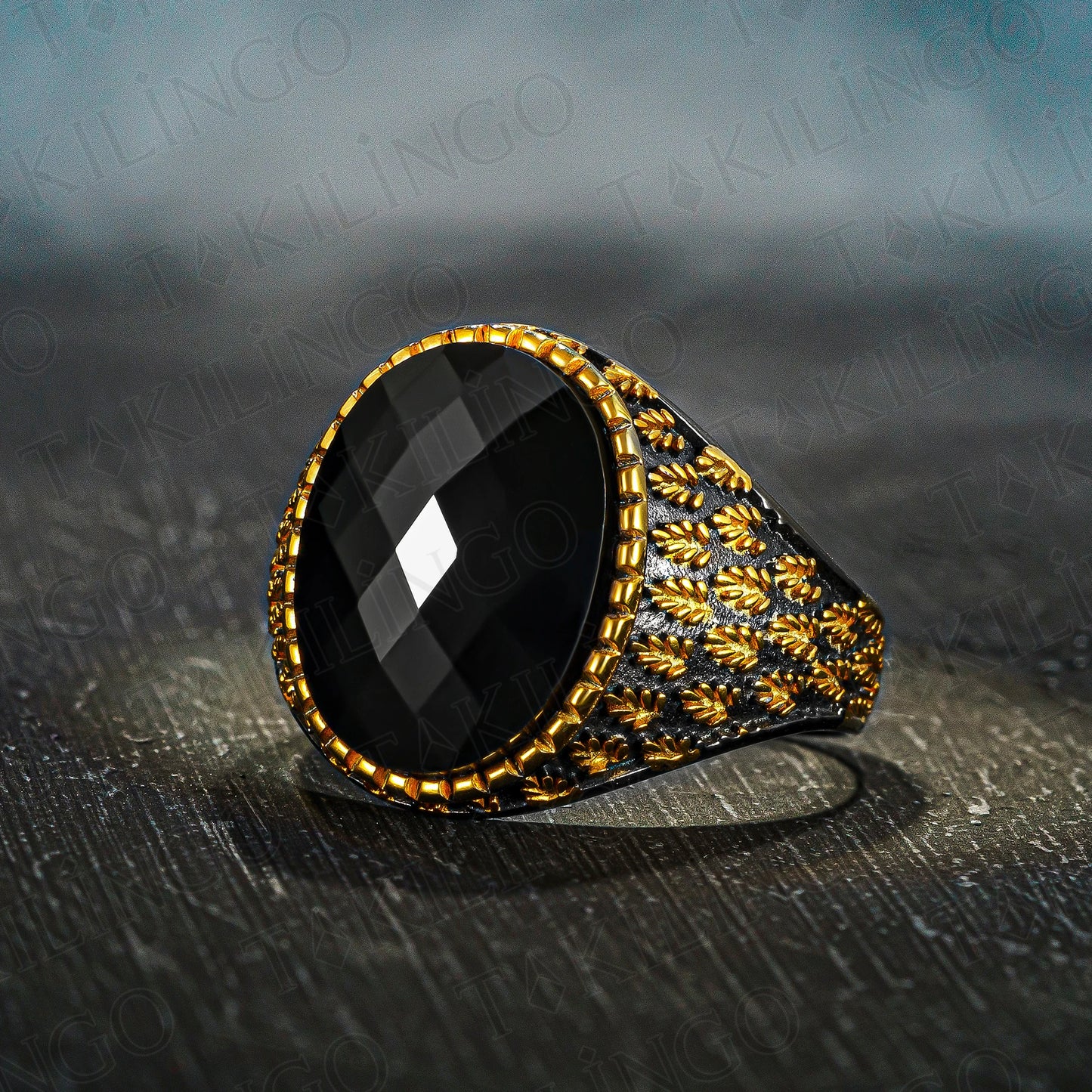 Gold-Plated 925 Sterling Silver Tree Motif Black Zircon Stone Men's Ring AMULET RING STORE