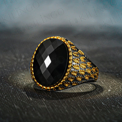 Gold-Plated 925 Sterling Silver Tree Motif Black Zircon Stone Men's Ring