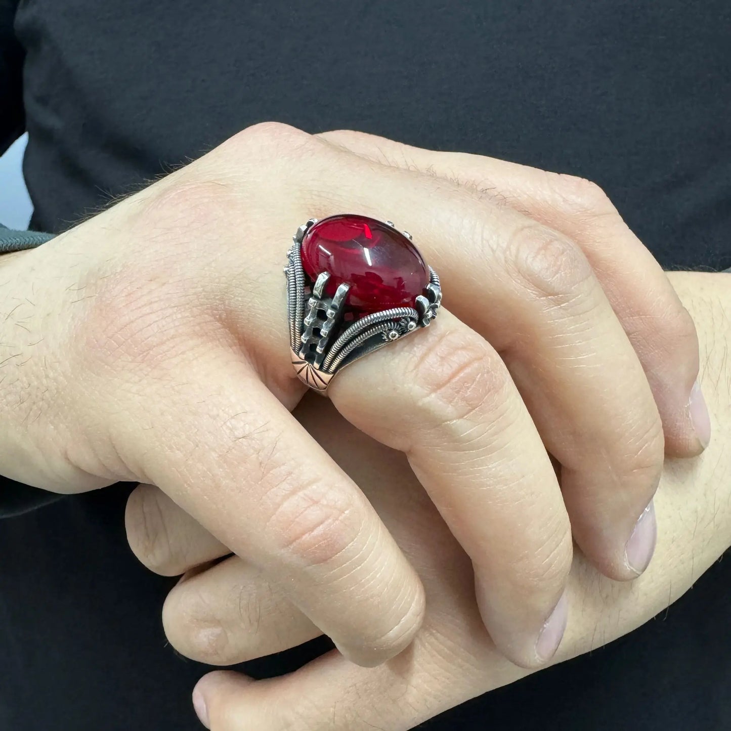 Solid 925 Sterling Silver Carving Red Ruby Color Luxury Turkish Handmade Men's Ring