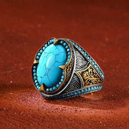 Elegant Stamped Solid 925 Sterling Silver Oval Turquoise Men's Ring Statement Handmade Jewelry Turkish Gift For Men Uniqe Design